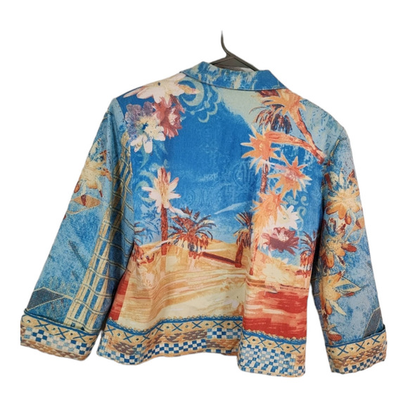 Nancy Bolen Jacket Palm Tree Design Blue Turquoise Orange Buttons Lined Size S - Picture 5 of 9